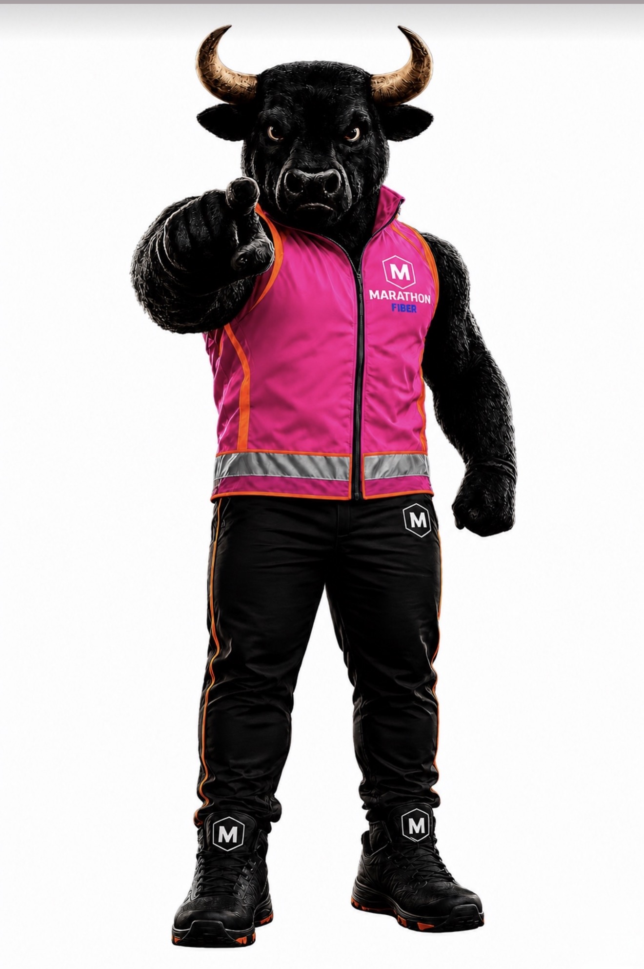 Marathon bull mascot wearing a pink Marathon Fiber vest